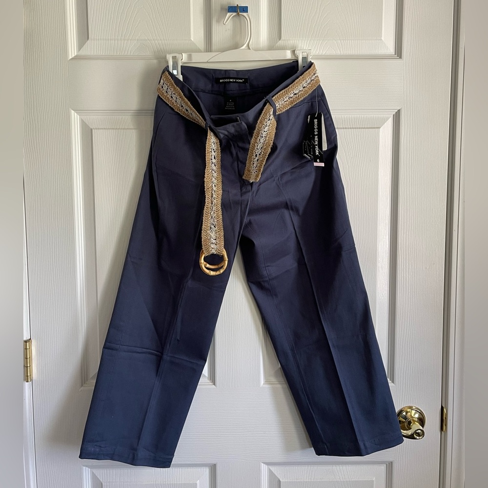 NWT Briggs New York Blue Ankle Cropped Pants With Belt Classic Style